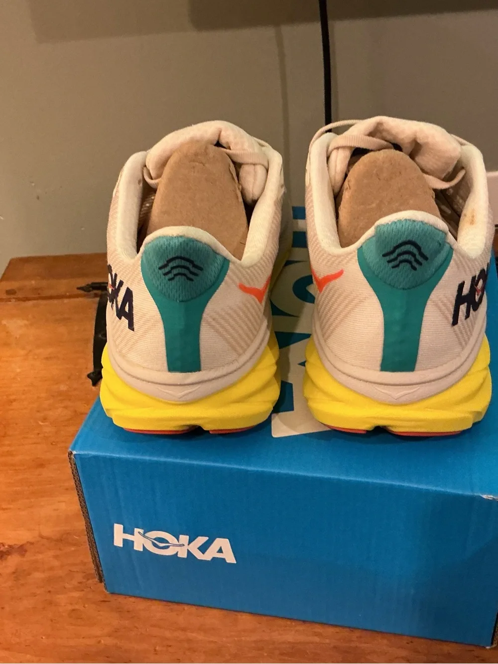 Hoka Men’s Clifton 9 Running Shoes - White with Orange Accents size 10
